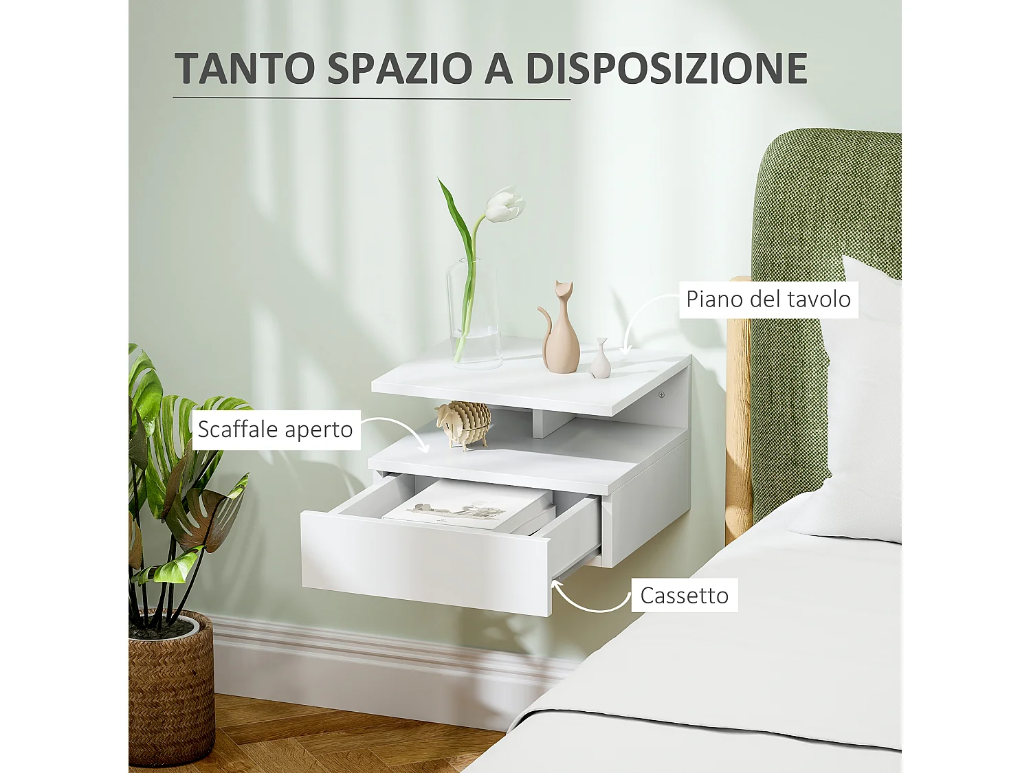 Comodino sospeso moderno con cassetto e mensola bianco