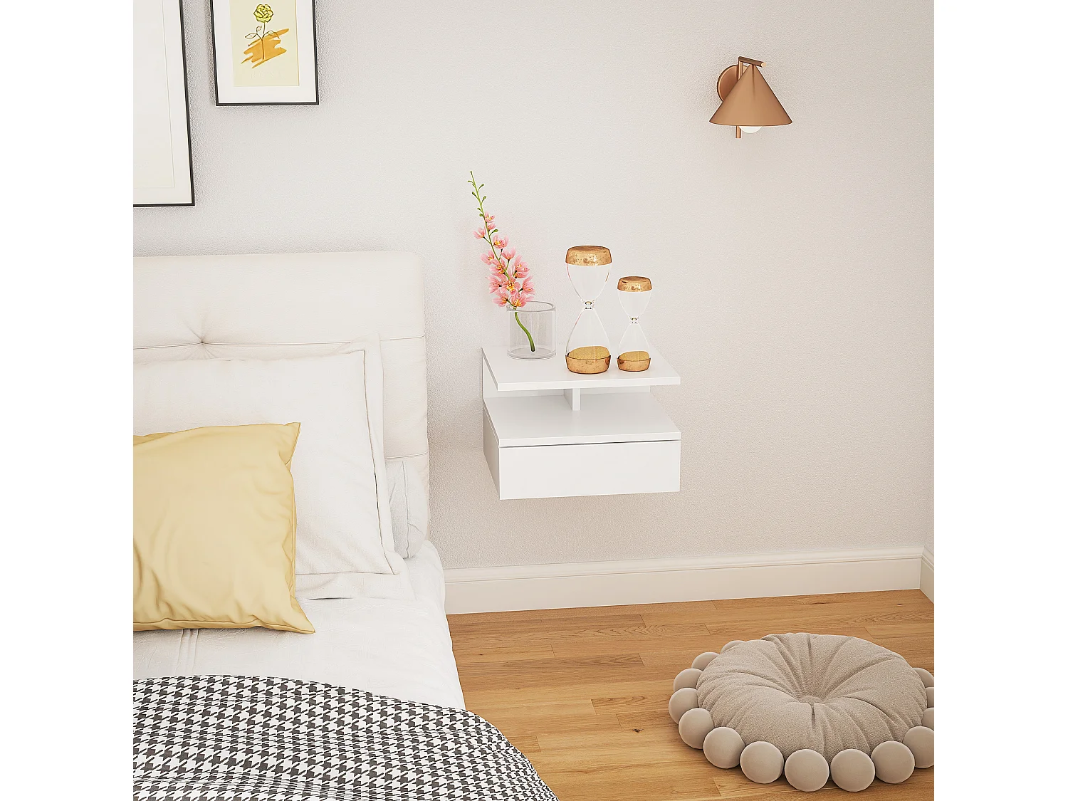 Comodino sospeso moderno con cassetto e mensola bianco