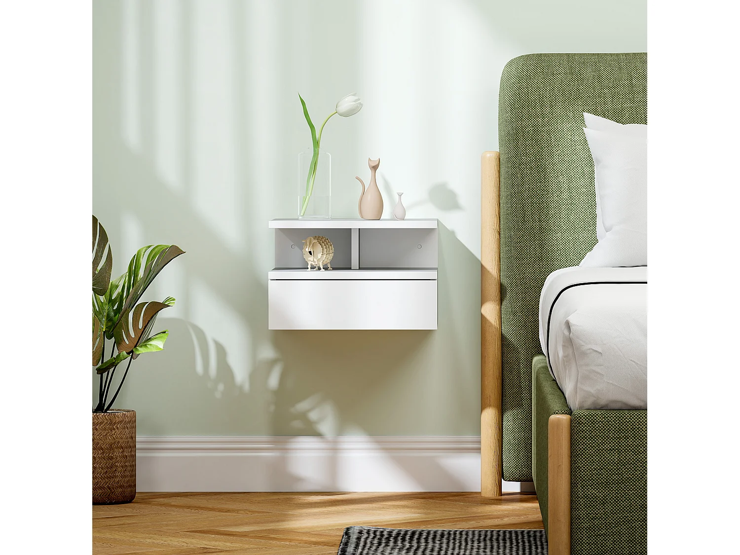 Comodino sospeso moderno con cassetto e mensola bianco