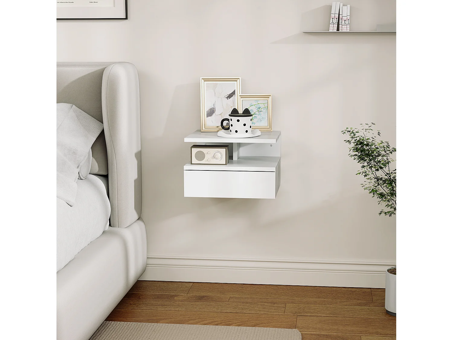 Comodino sospeso moderno con cassetto e mensola bianco