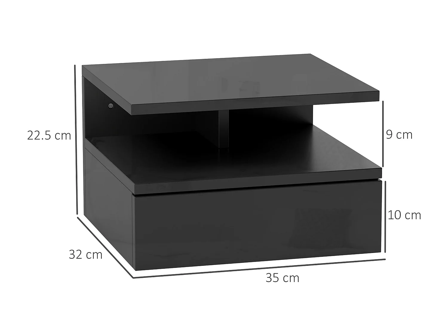 Comodino sospeso moderno con cassetto in truciolato nero lucido