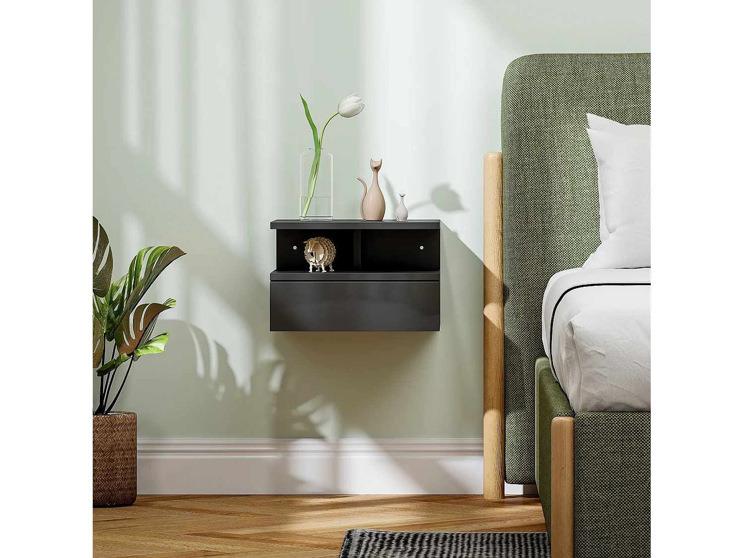 Comodino sospeso moderno con cassetto in truciolato nero lucido