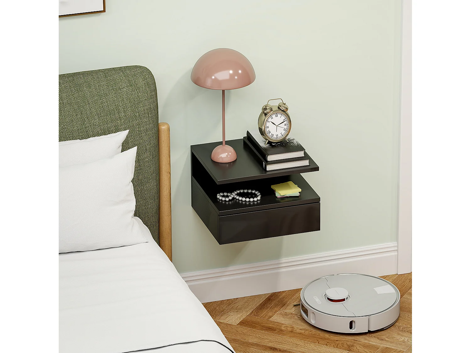 Comodino sospeso moderno con cassetto in truciolato nero lucido