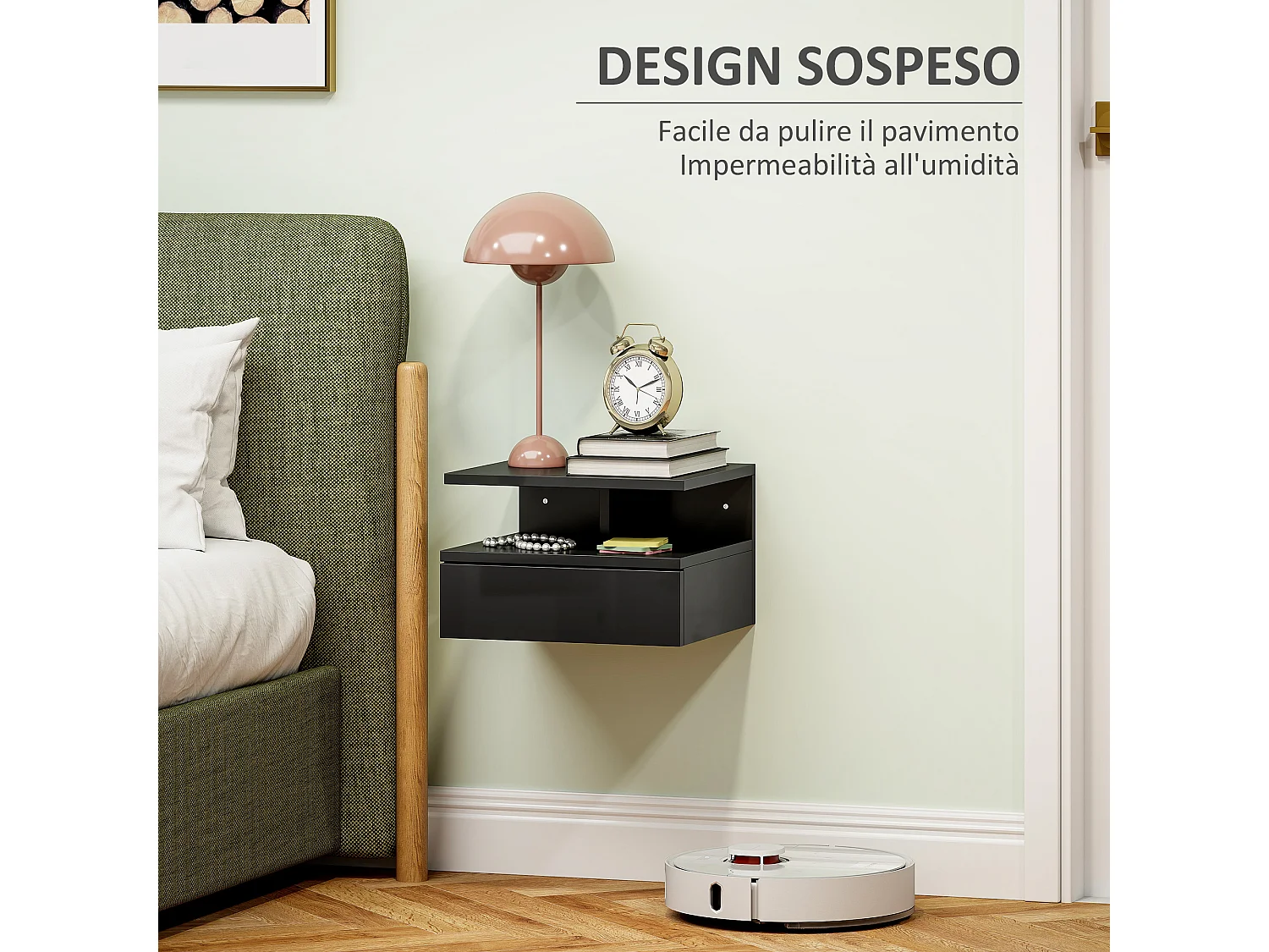 Comodino sospeso moderno con cassetto in truciolato nero lucido