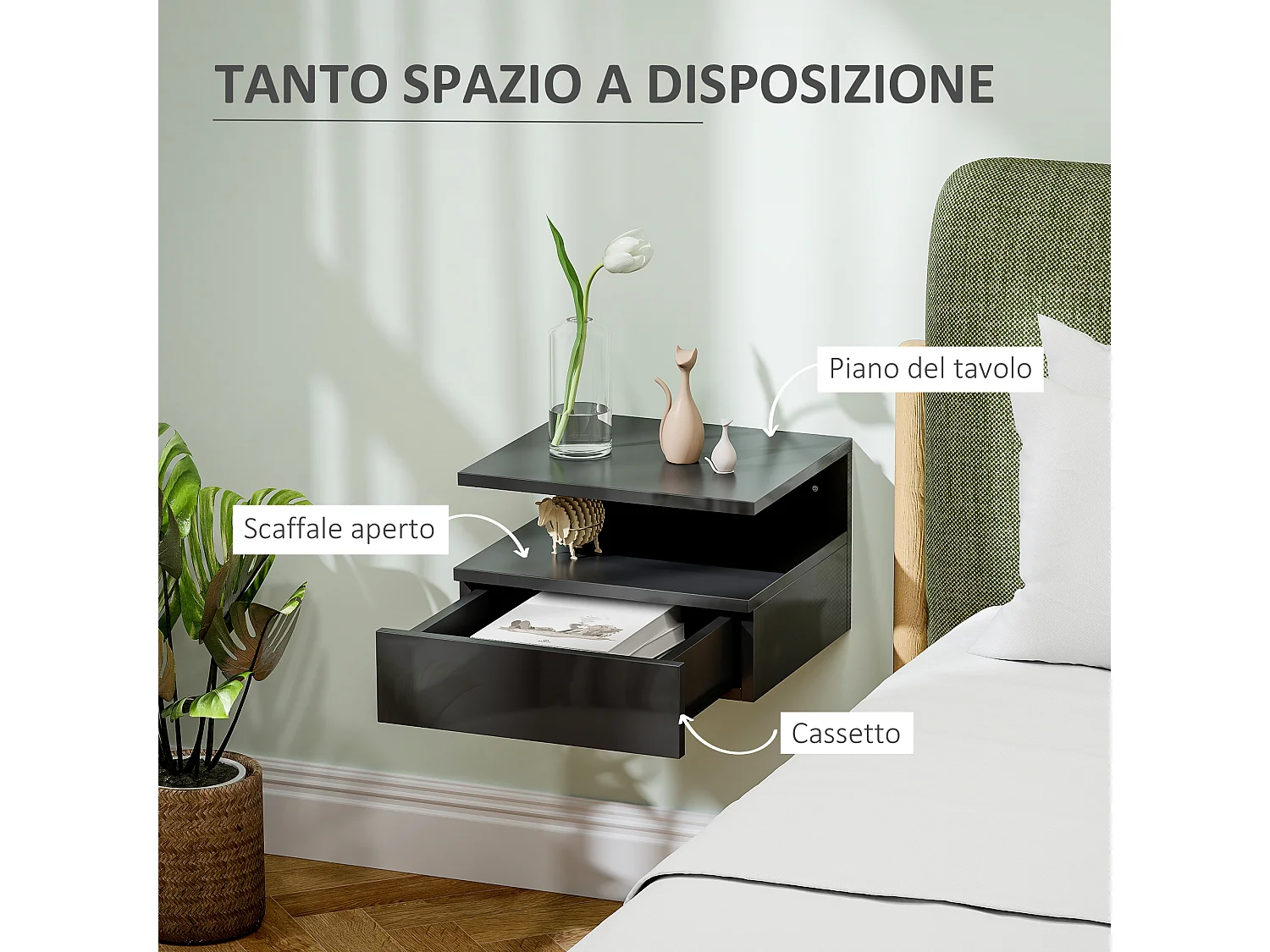Comodino sospeso moderno con cassetto in truciolato nero lucido