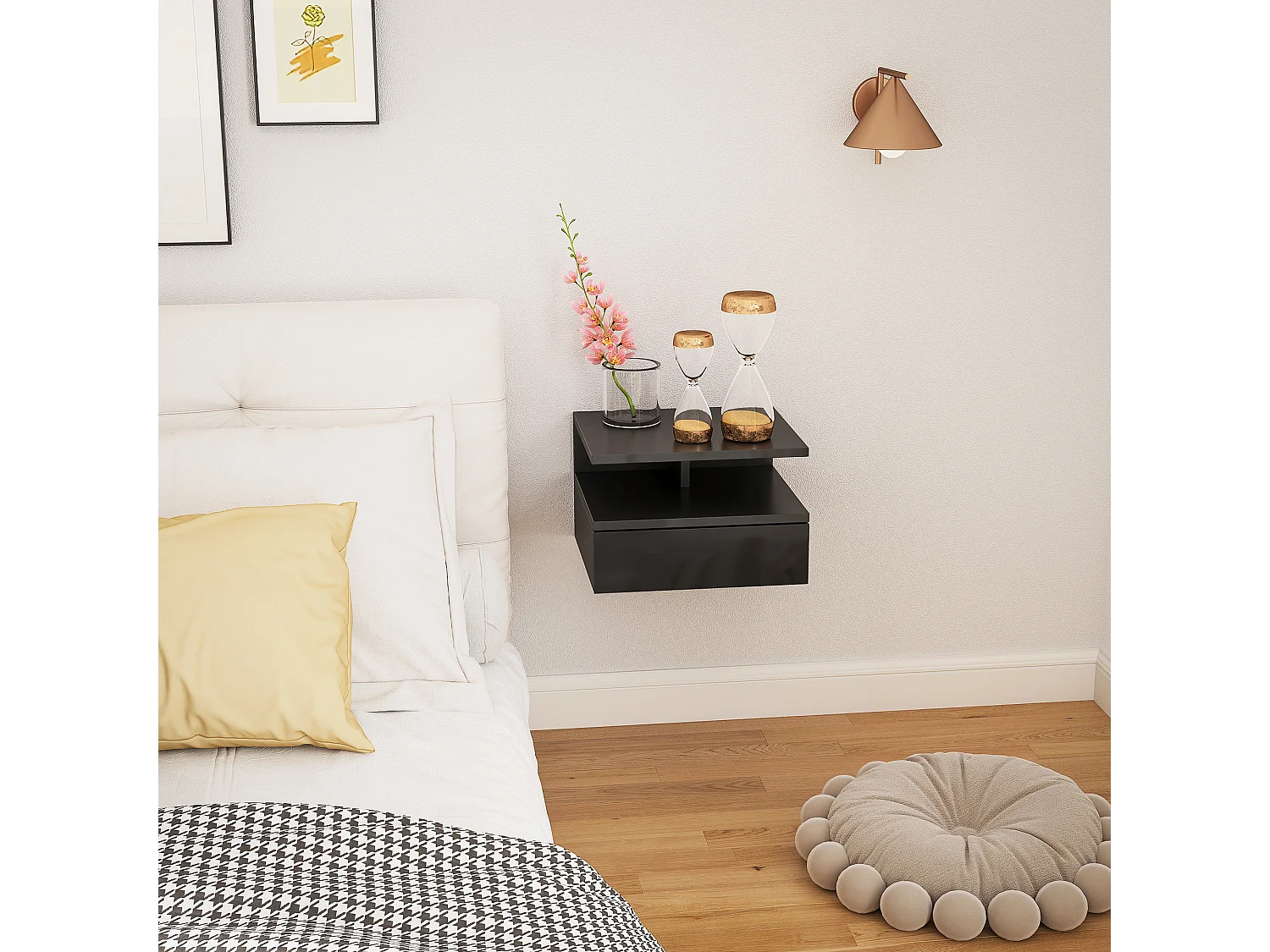 Comodino sospeso moderno con cassetto in truciolato nero lucido