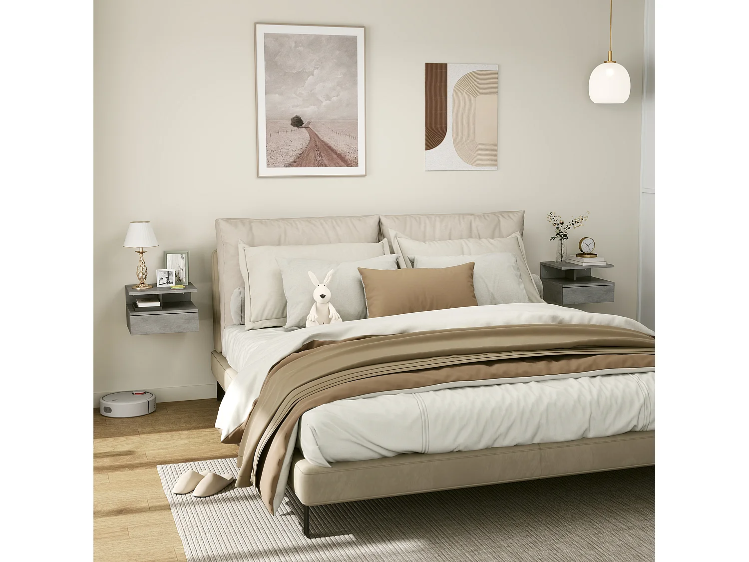 Set 2 comodini sospesi con cassetto e mensola 35x32x22.5cm grigio