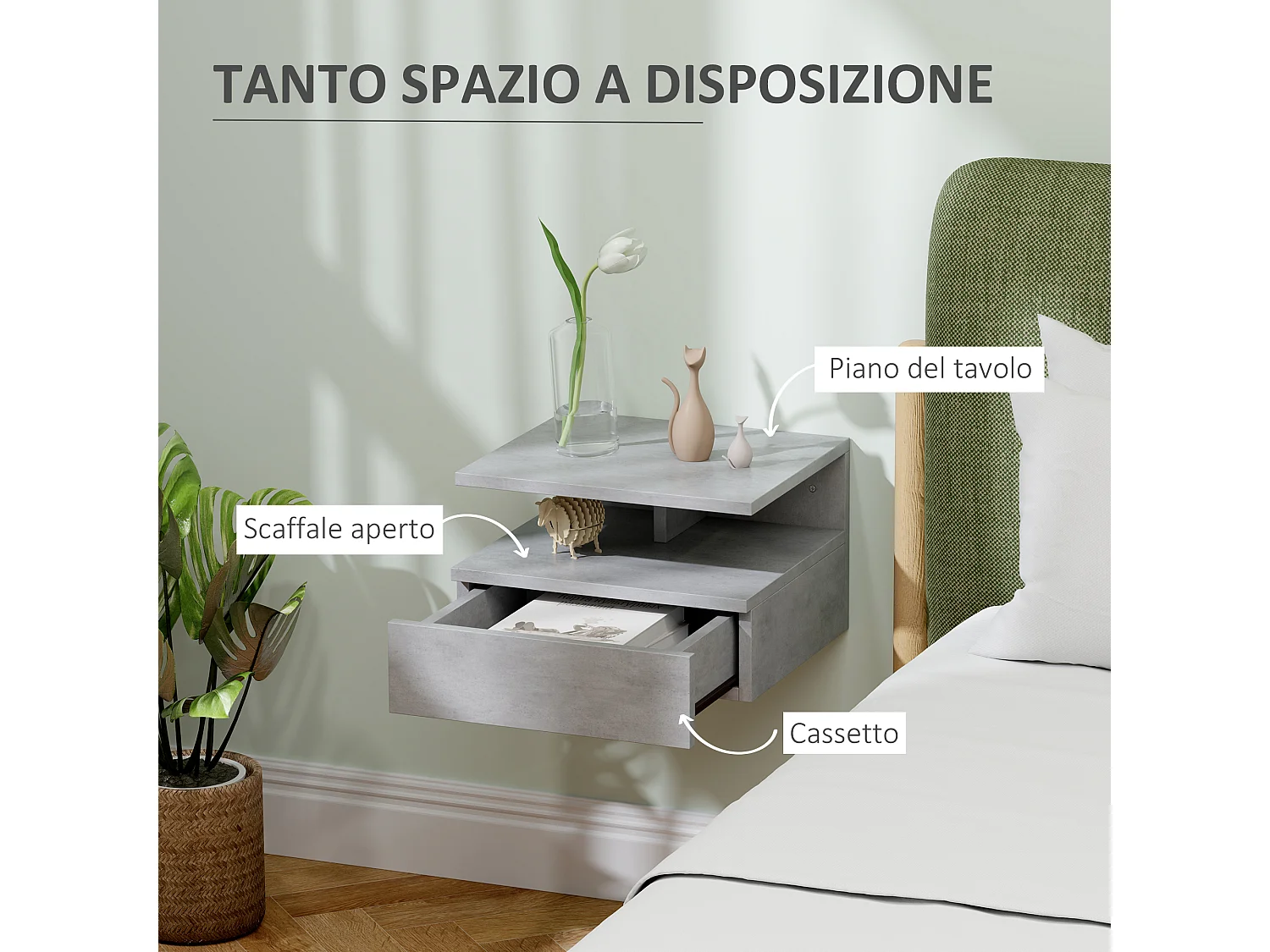 Set 2 comodini sospesi con cassetto e mensola 35x32x22.5cm grigio