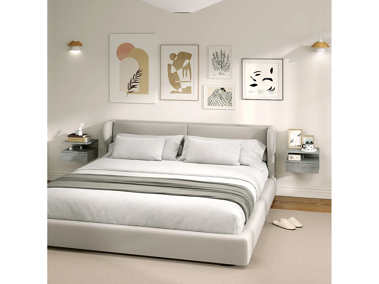 Set 2 comodini sospesi con cassetto e mensola 35x32x22.5cm grigio