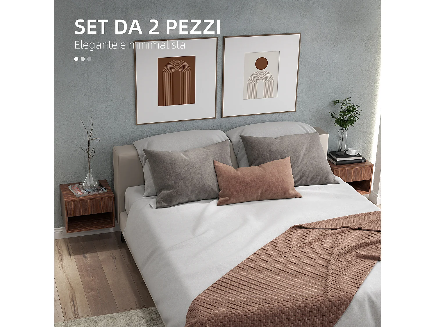 Set 2 comodini sospesi con cassetto e ripiano inferiore in mdf marrone