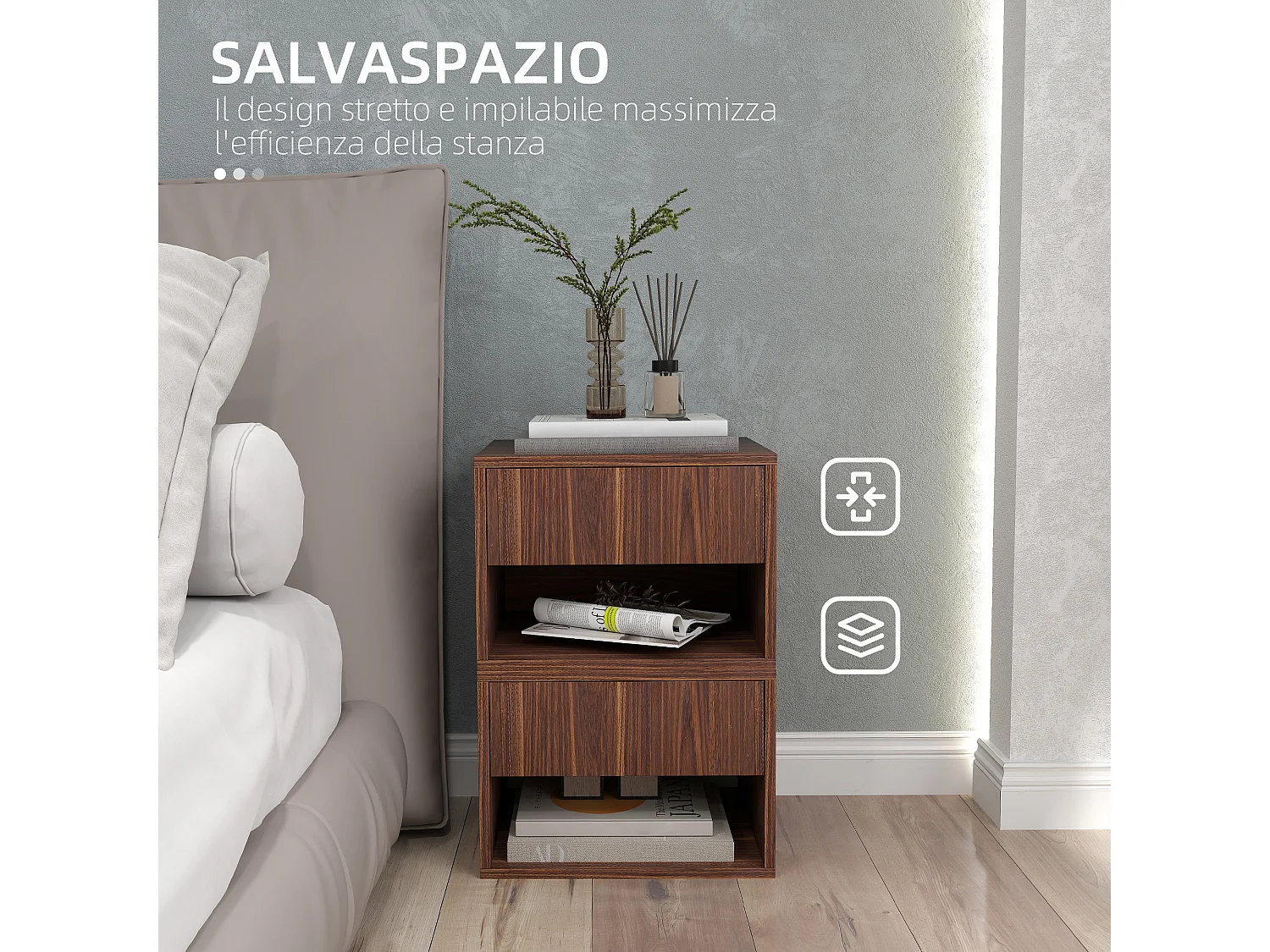 Set 2 comodini sospesi con cassetto e ripiano inferiore in mdf marrone
