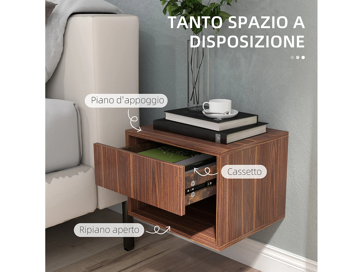 Set 2 comodini sospesi con cassetto e ripiano inferiore in mdf marrone