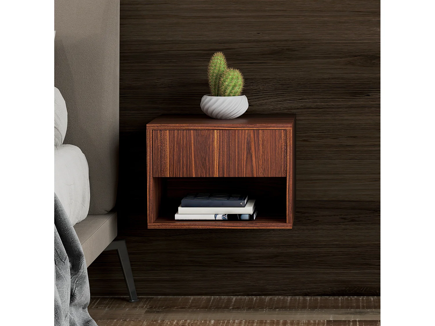 Set 2 comodini sospesi con cassetto e ripiano inferiore in mdf marrone