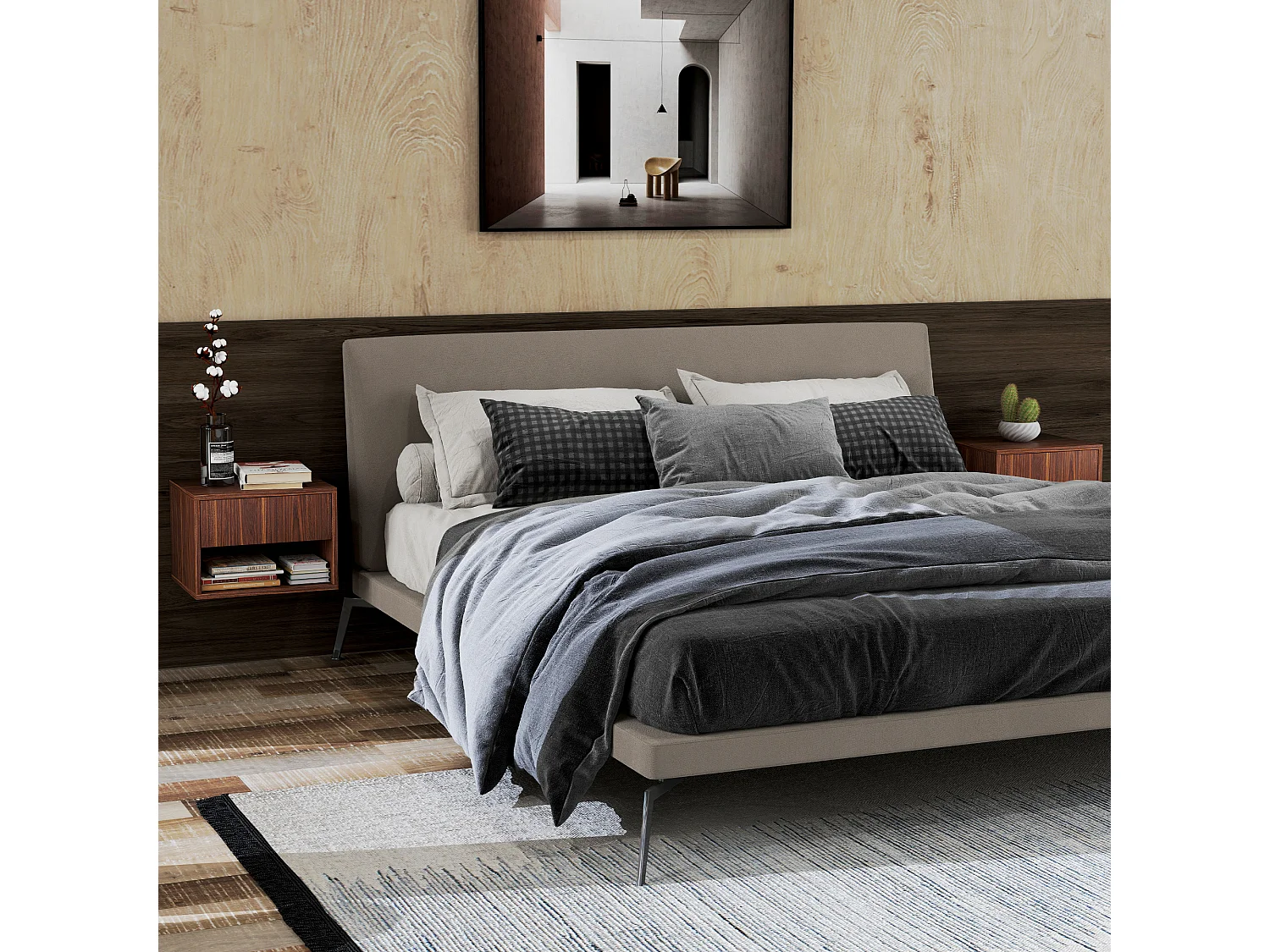 Set 2 comodini sospesi con cassetto e ripiano inferiore in mdf marrone