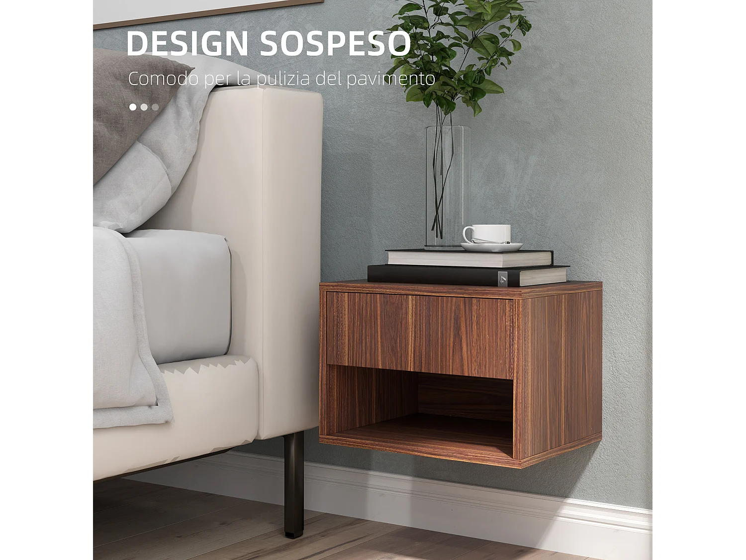 Set 2 comodini sospesi con cassetto e ripiano inferiore in mdf marrone