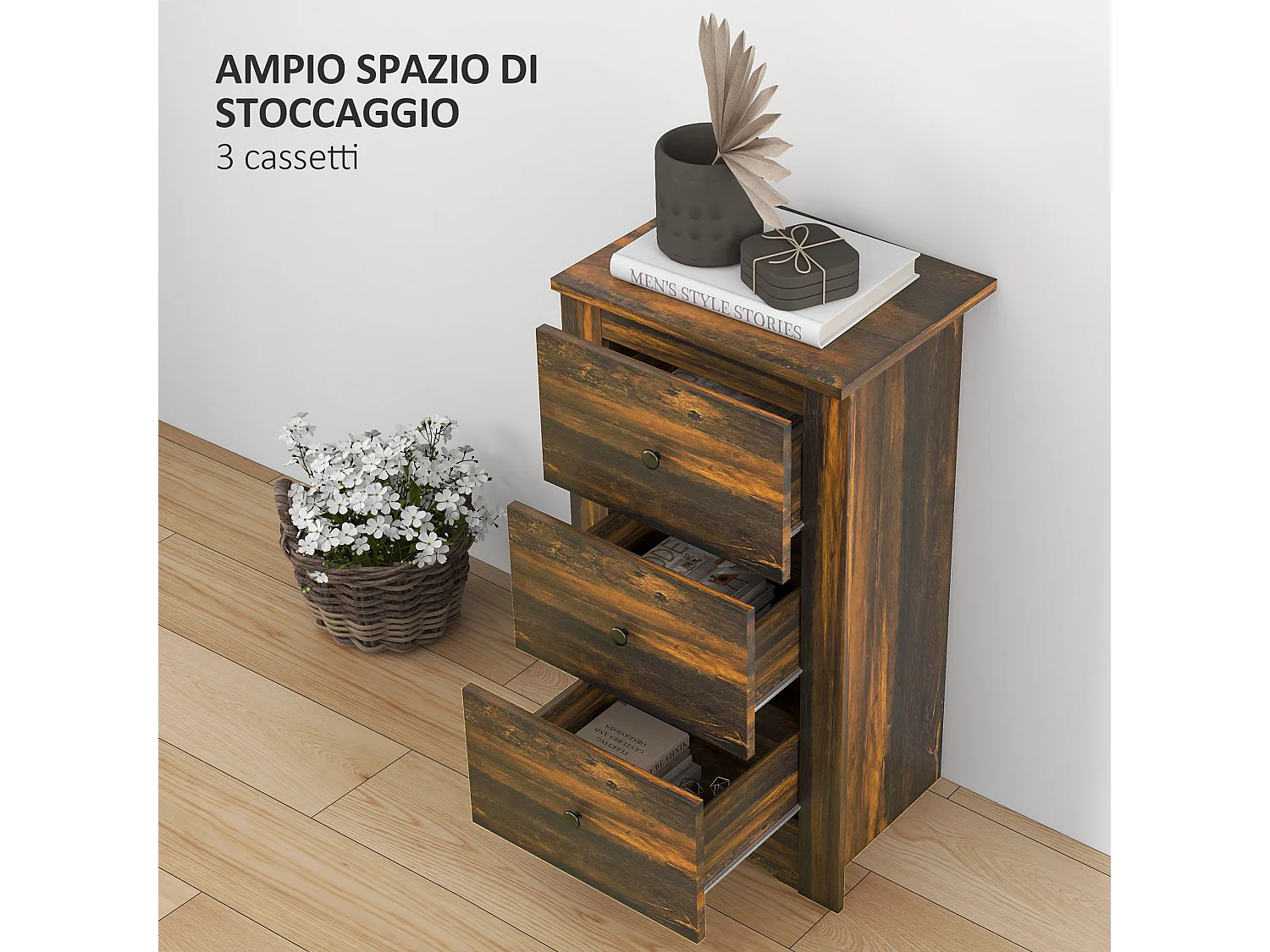 Comodino con 3 cassetti in stile rustico 40x30x74 cm marrone