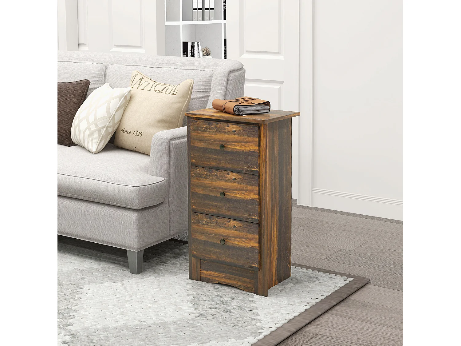 Comodino con 3 cassetti in stile rustico 40x30x74 cm marrone