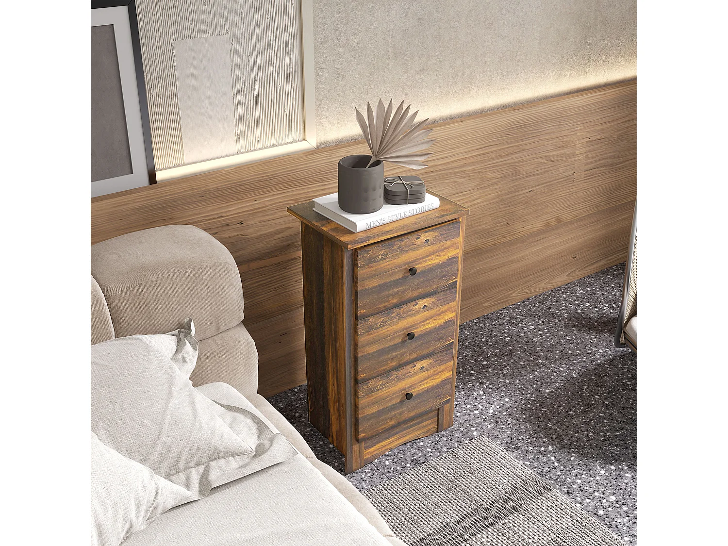 Comodino con 3 cassetti in stile rustico 40x30x74 cm marrone