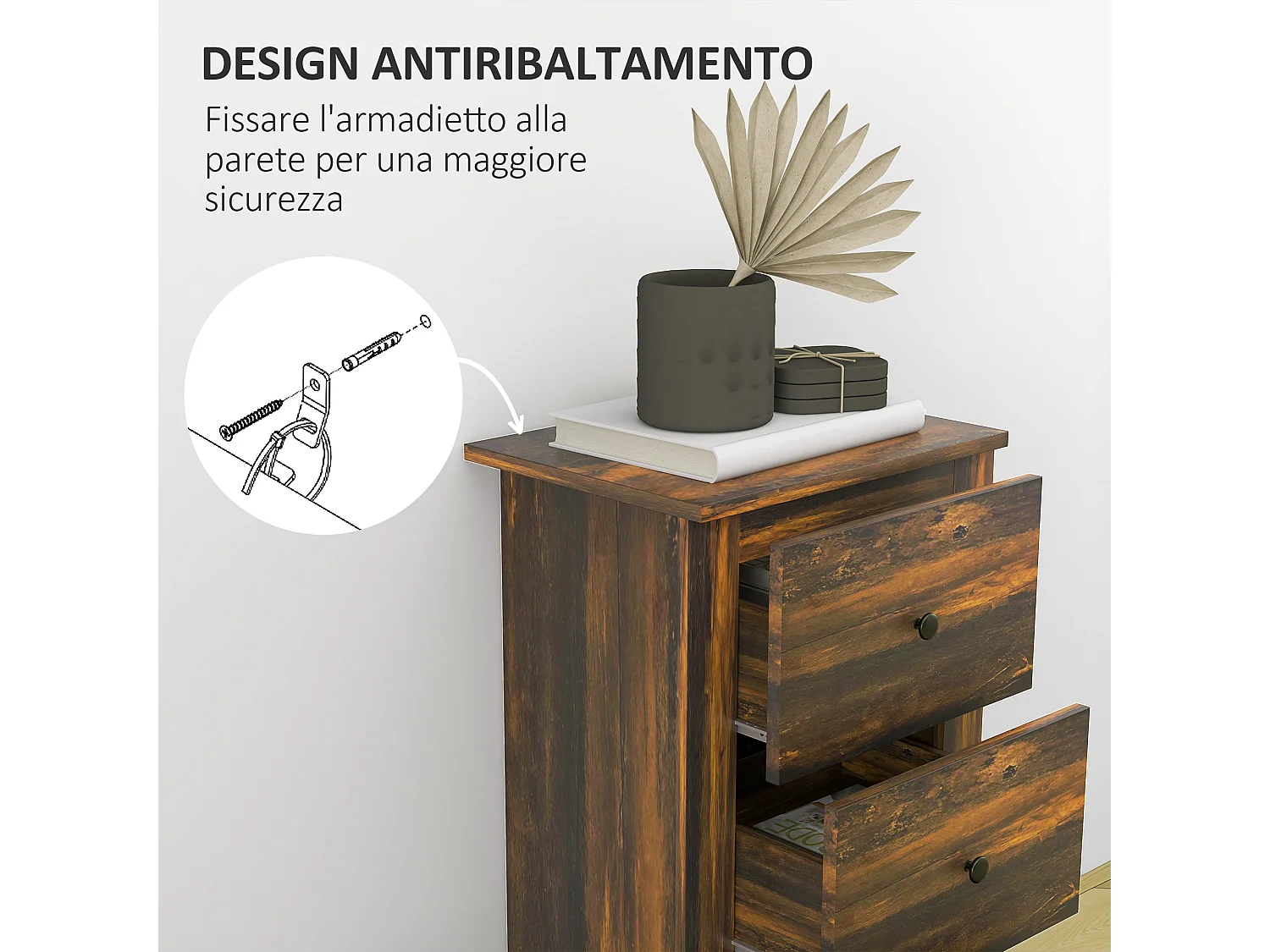 Comodino con 3 cassetti in stile rustico 40x30x74 cm marrone