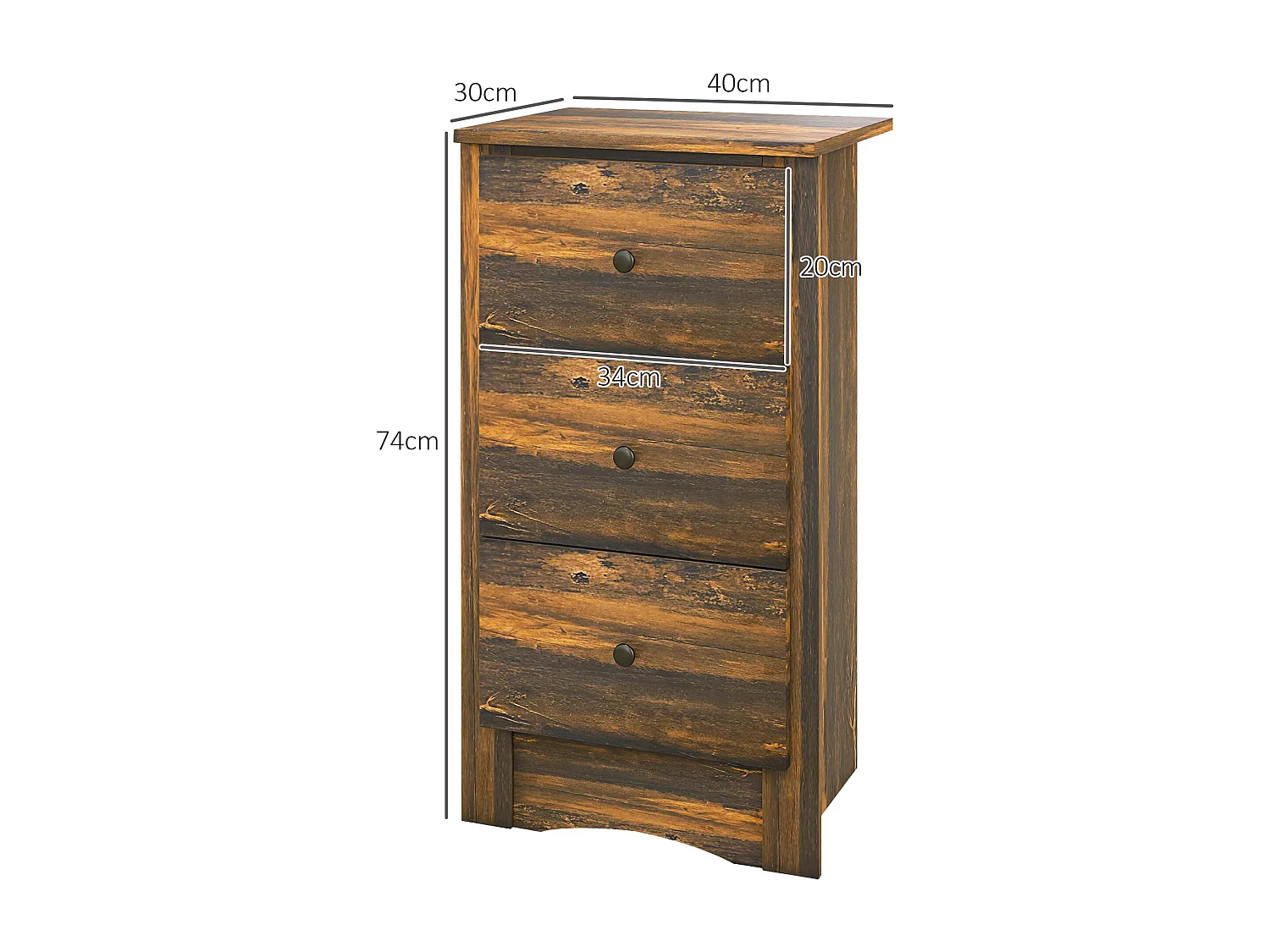 Comodino con 3 cassetti in stile rustico 40x30x74 cm marrone