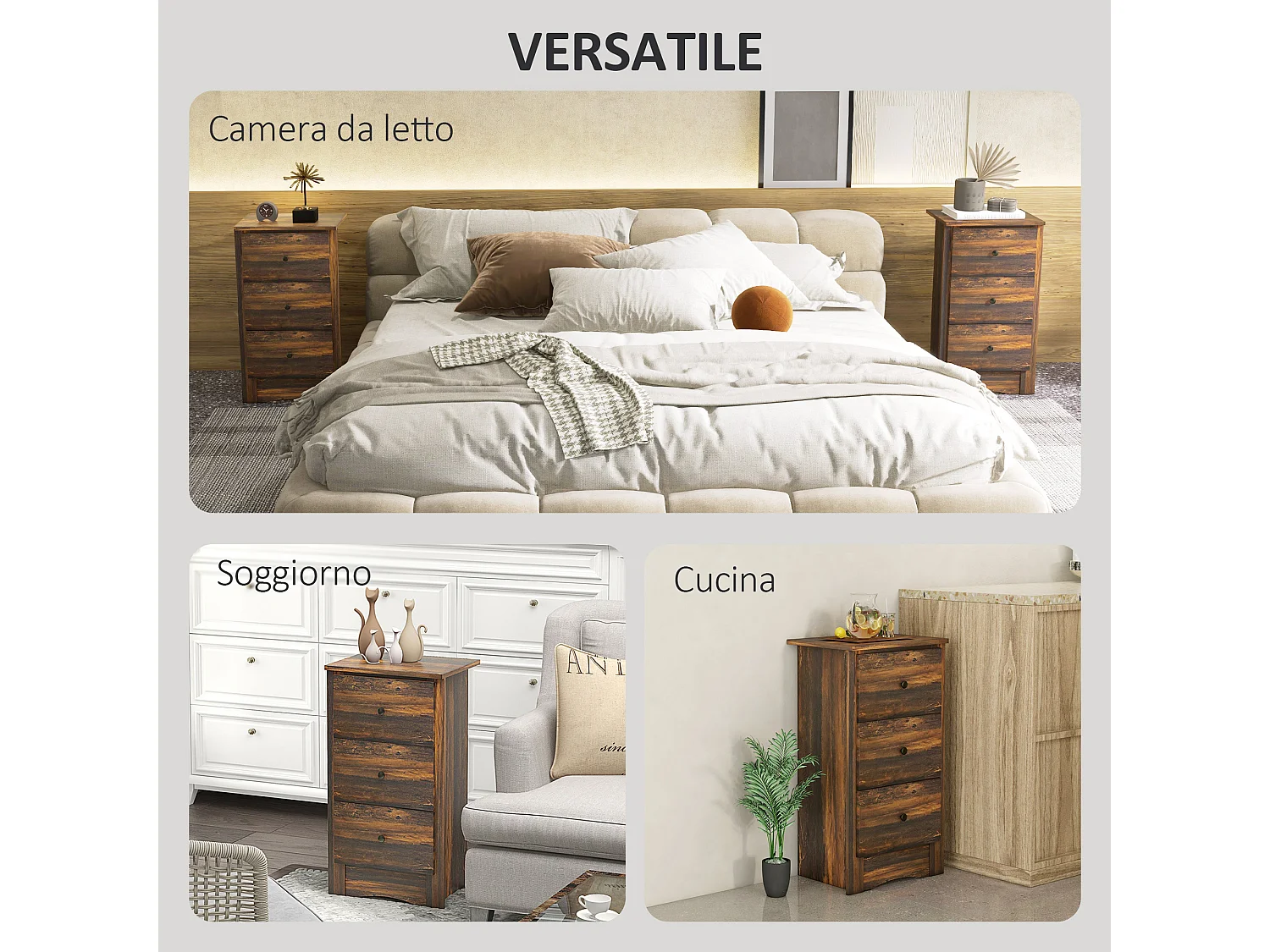 Comodino con 3 cassetti in stile rustico 40x30x74 cm marrone
