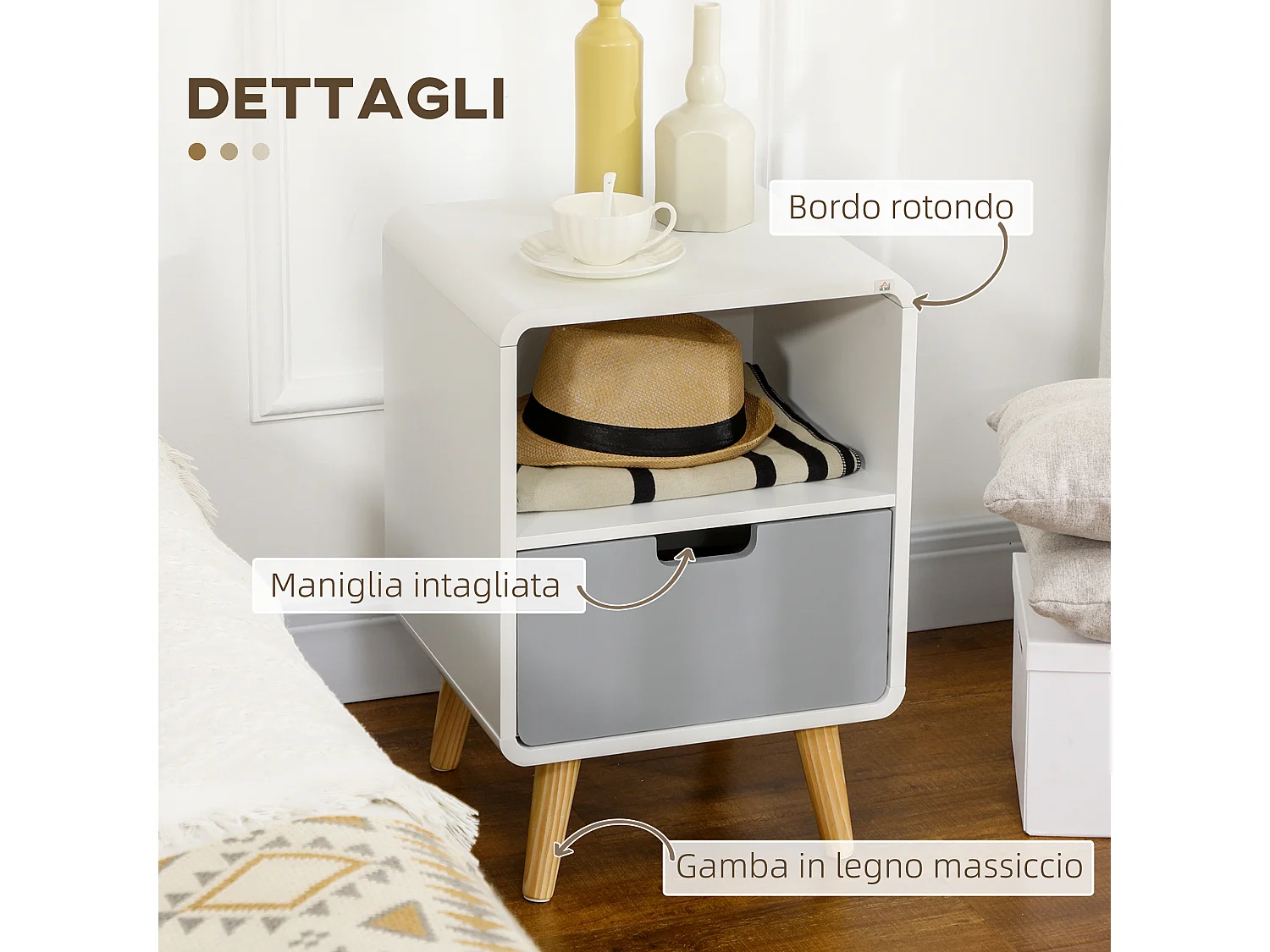 Comodino con cassetto in mdf e legno di pino in stile nordico