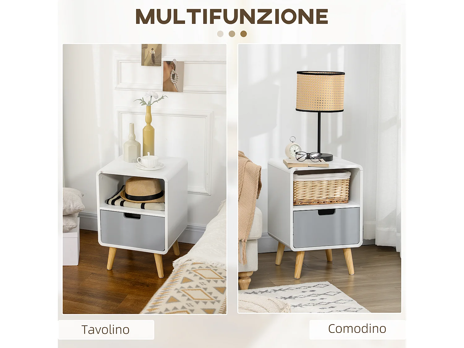 Comodino con cassetto in mdf e legno di pino in stile nordico