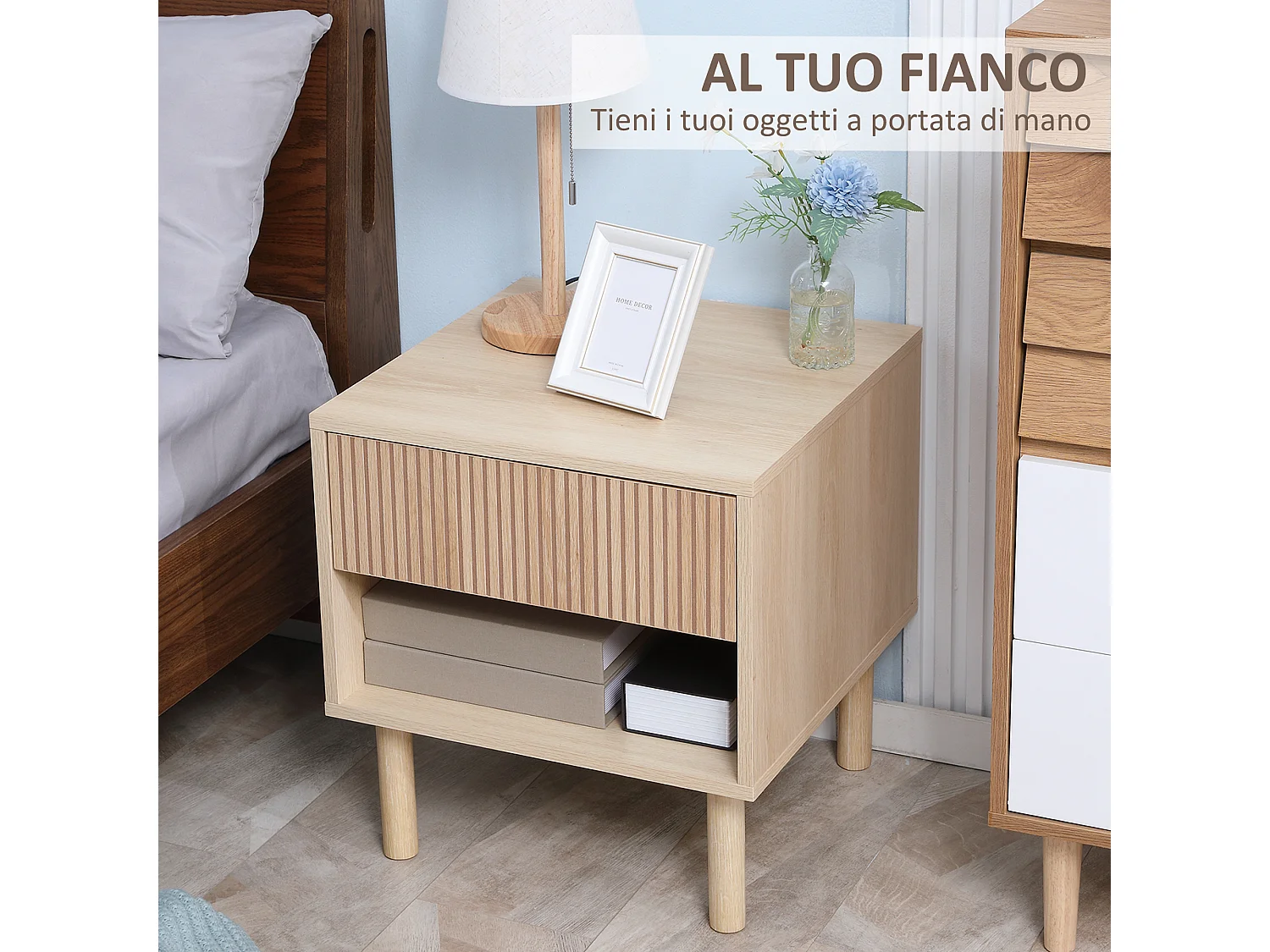 Comodino con cassetto e ripiano aperto in truciolato 47x47x50cm