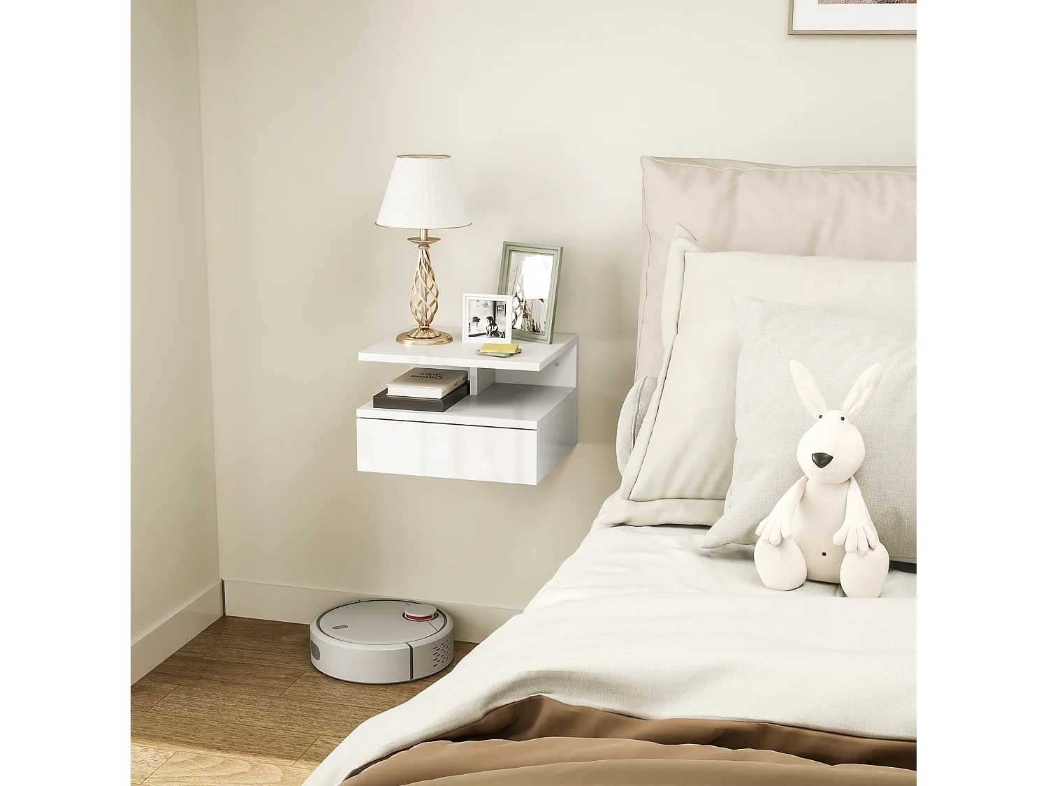 Comodino sospeso moderno con cassetto in truciolato bianco