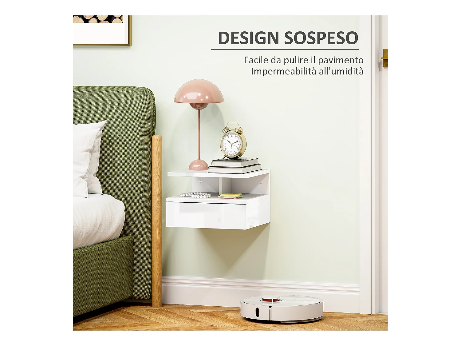 Comodino sospeso moderno con cassetto in truciolato bianco