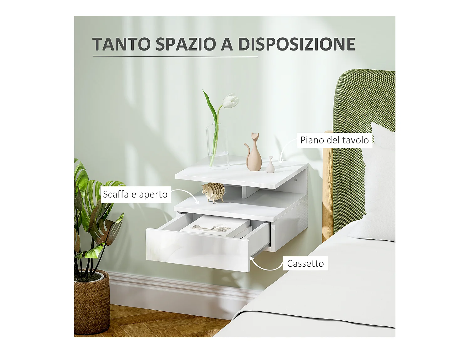 Comodino sospeso moderno con cassetto in truciolato bianco