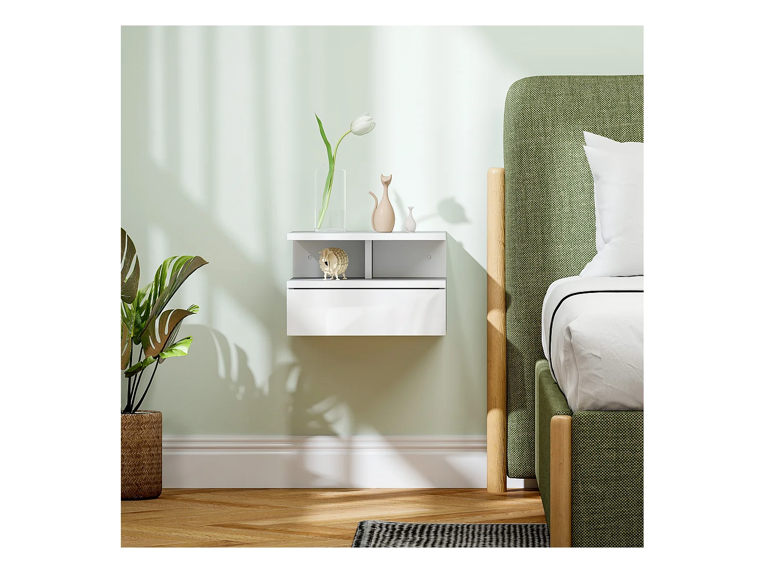 Comodino sospeso moderno con cassetto in truciolato bianco