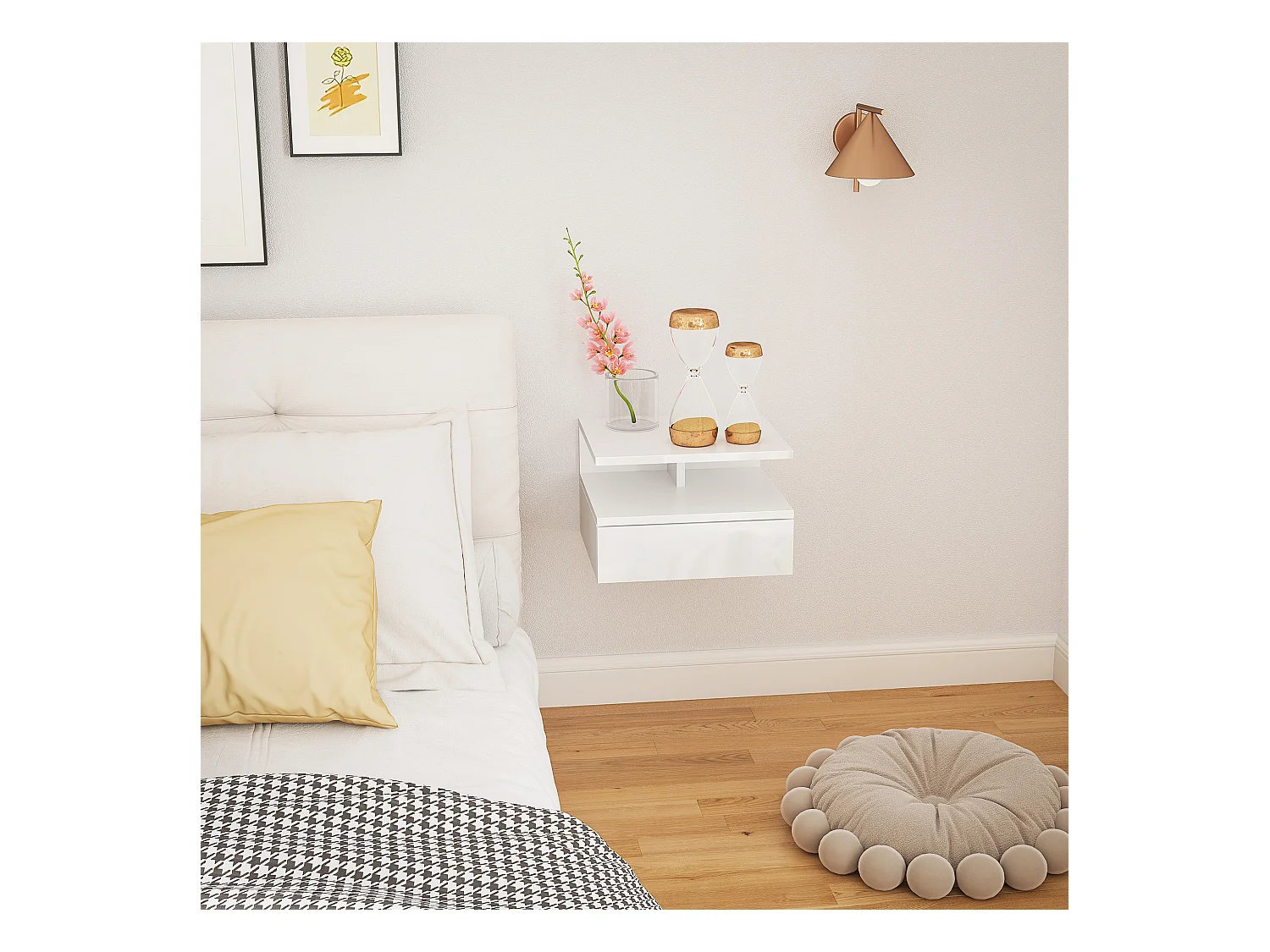 Comodino sospeso moderno con cassetto in truciolato bianco