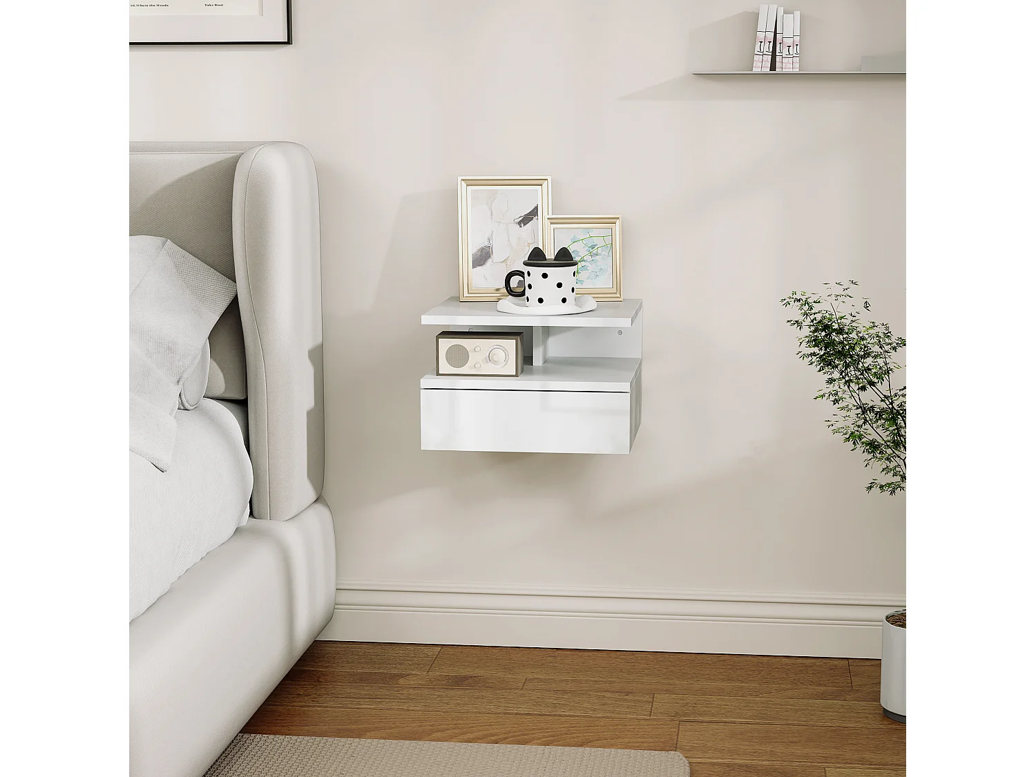 Comodino sospeso moderno con cassetto in truciolato bianco