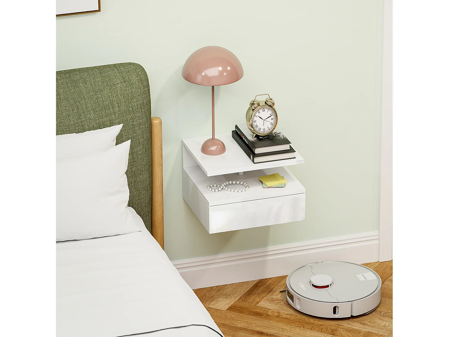 Comodino sospeso moderno con cassetto in truciolato bianco