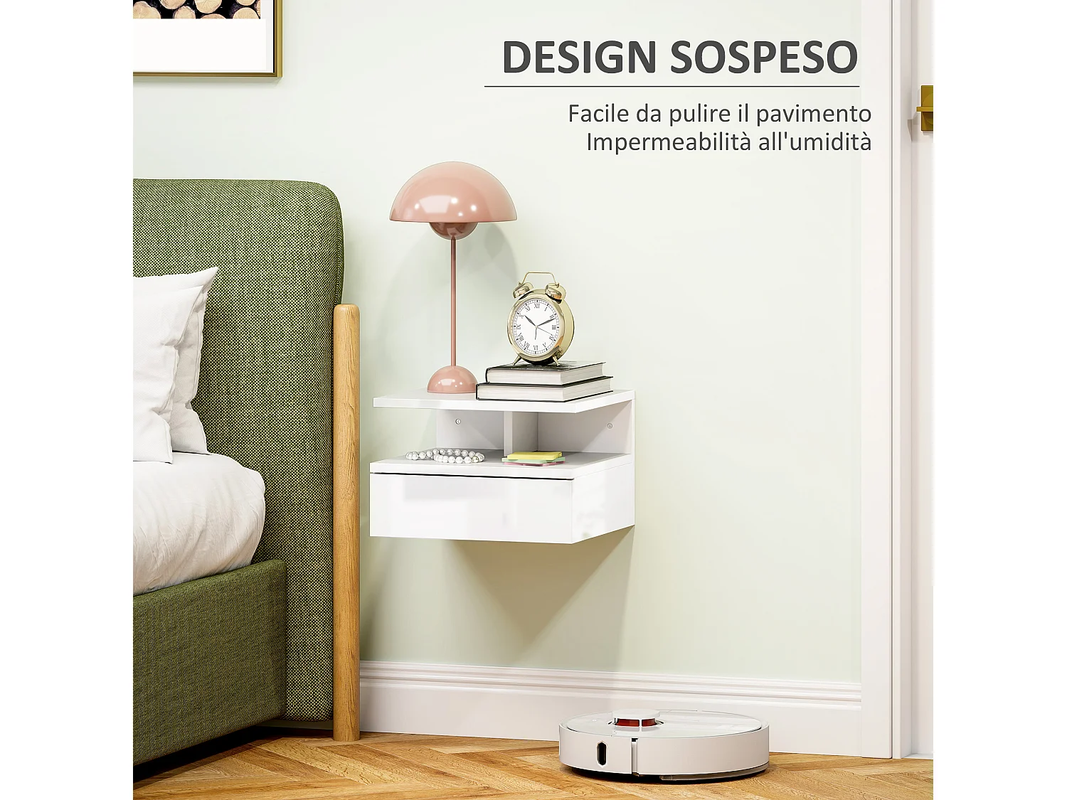 Comodino sospeso moderno con cassetto in truciolato bianco