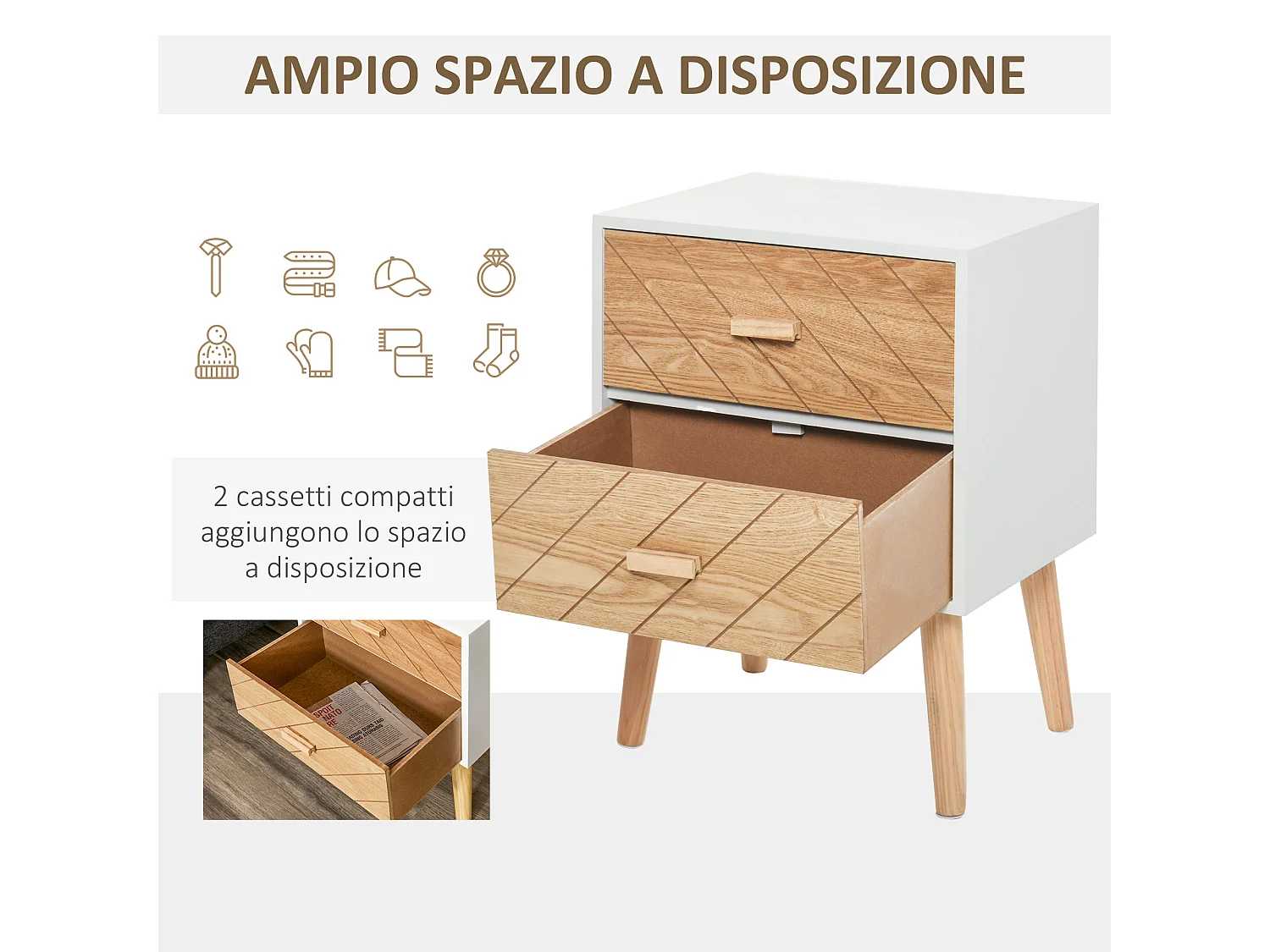 Comodino camera da letto design moderno, legno, 40x30x55.5 cm