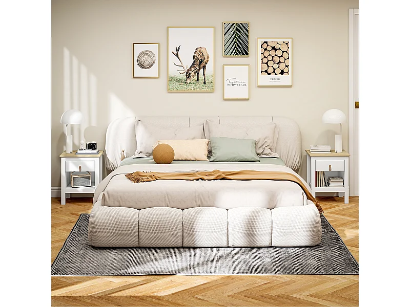 Set 2 comodini con cassetto e ripiano aperto in legno bianco e rovere