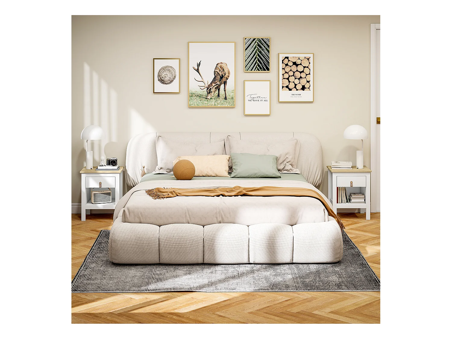 Set 2 comodini con cassetto e ripiano aperto in legno bianco e rovere