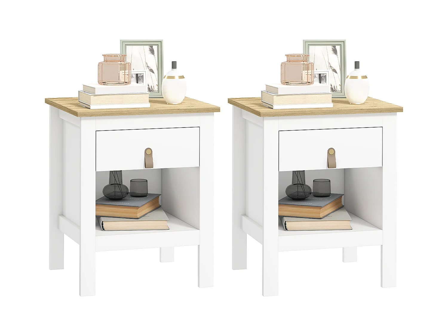 Set 2 comodini con cassetto e ripiano aperto in legno bianco e rovere