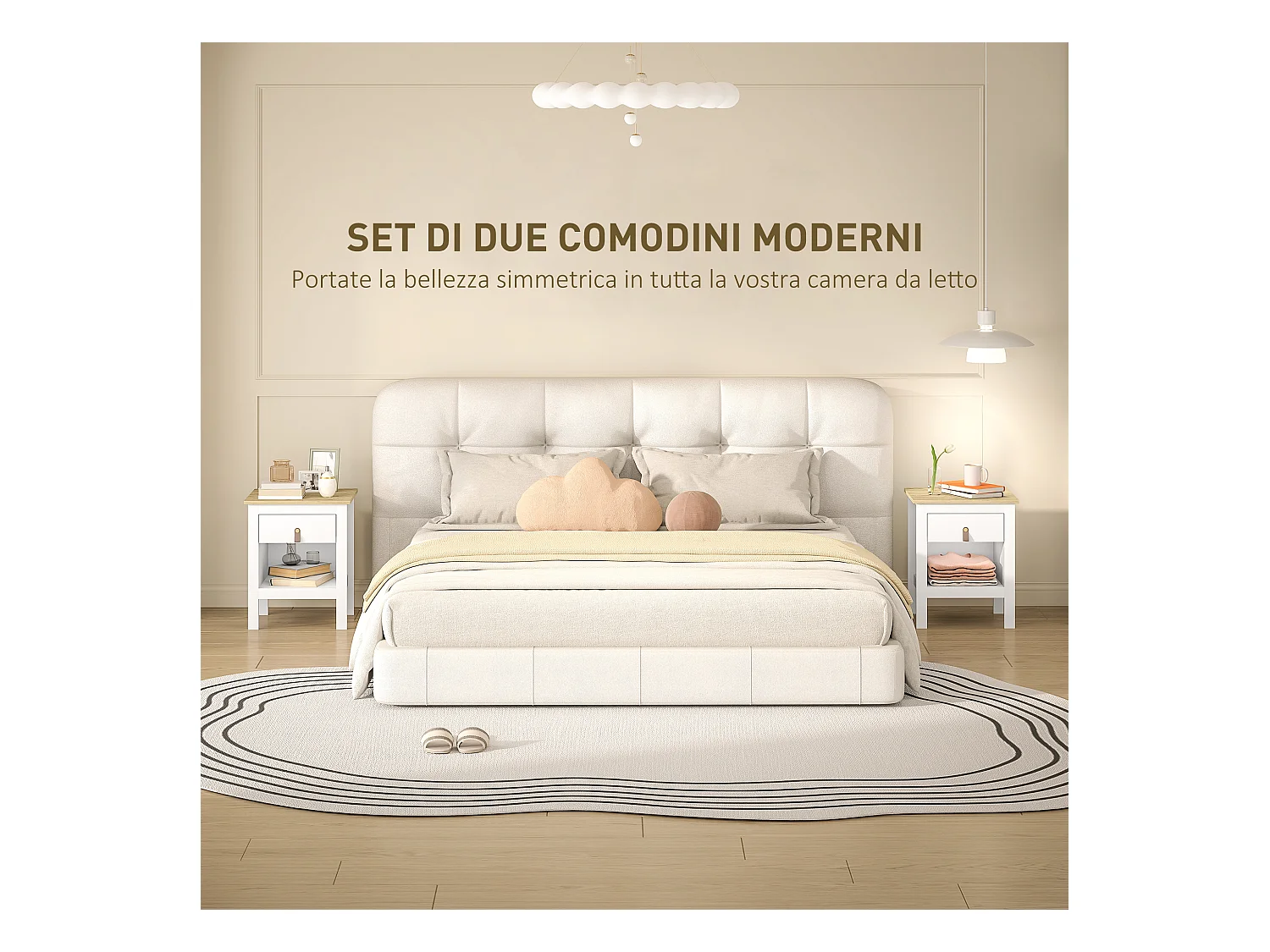 Set 2 comodini con cassetto e ripiano aperto in legno bianco e rovere