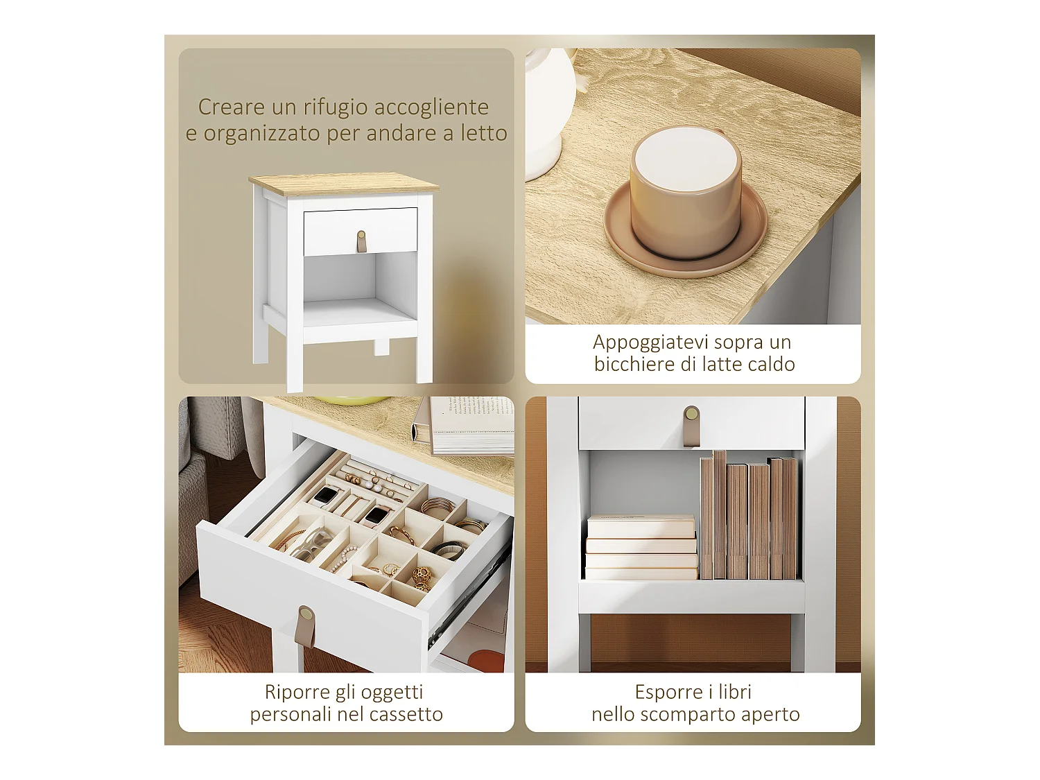 Set 2 comodini con cassetto e ripiano aperto in legno bianco e rovere