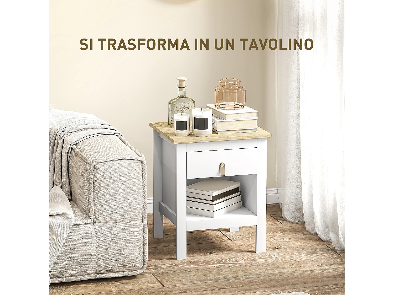 Set 2 comodini con cassetto e ripiano aperto in legno bianco e rovere
