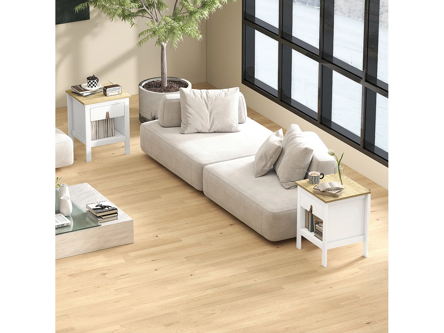 Set 2 comodini con cassetto e ripiano aperto in legno bianco e rovere
