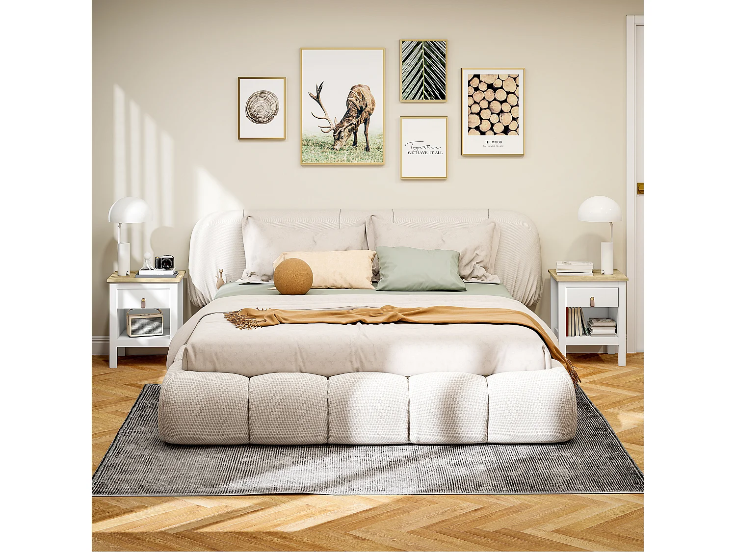 Set 2 comodini con cassetto e ripiano aperto in legno bianco e rovere