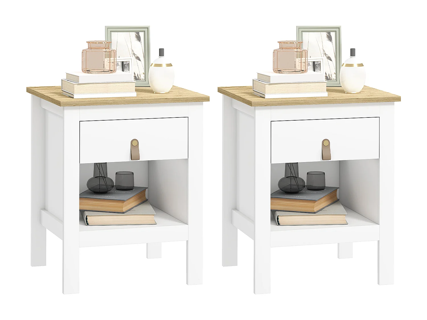 Set 2 comodini con cassetto e ripiano aperto in legno bianco e rovere