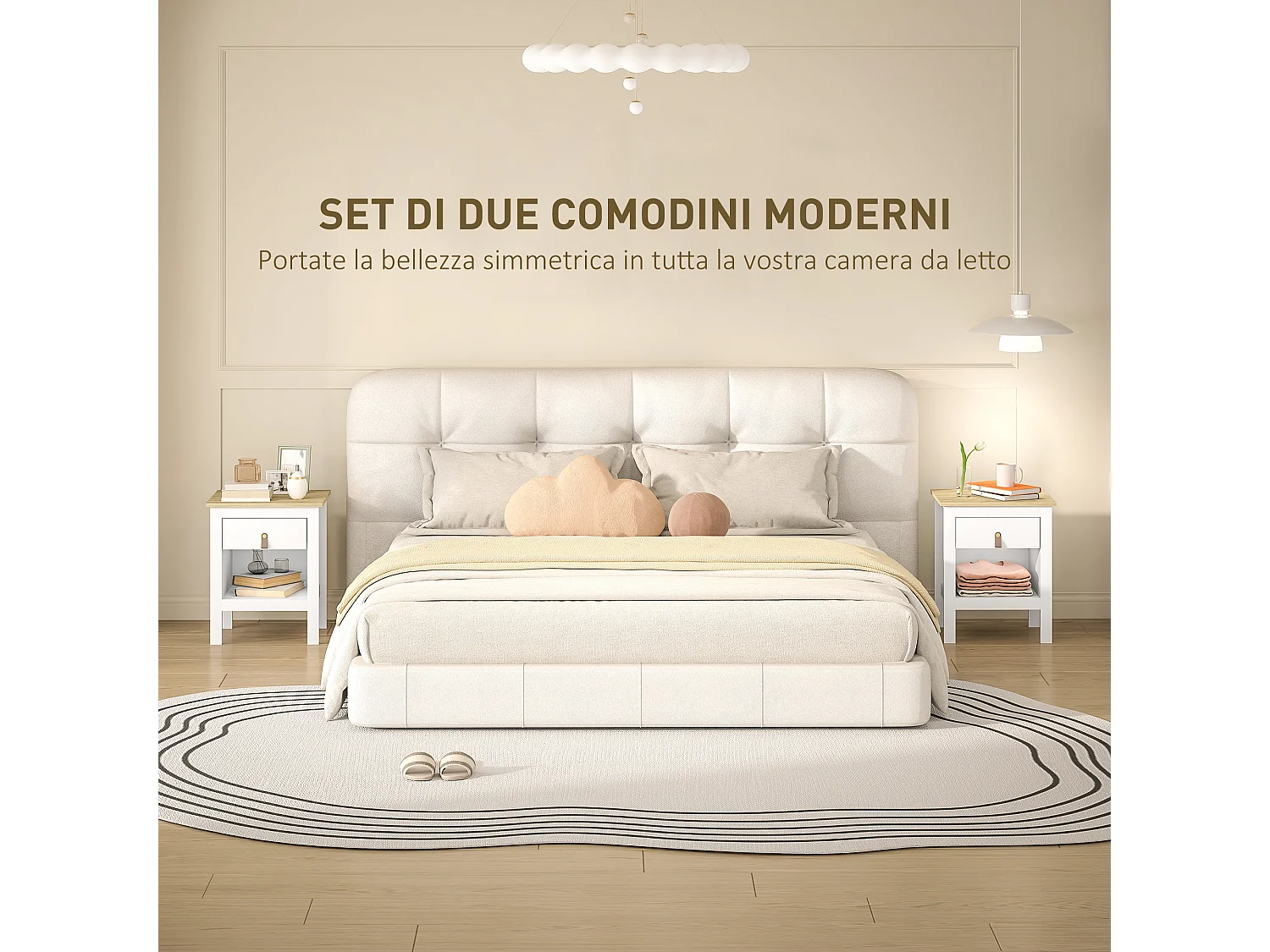 Set 2 comodini con cassetto e ripiano aperto in legno bianco e rovere