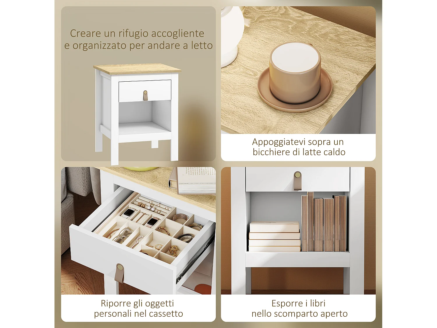 Set 2 comodini con cassetto e ripiano aperto in legno bianco e rovere
