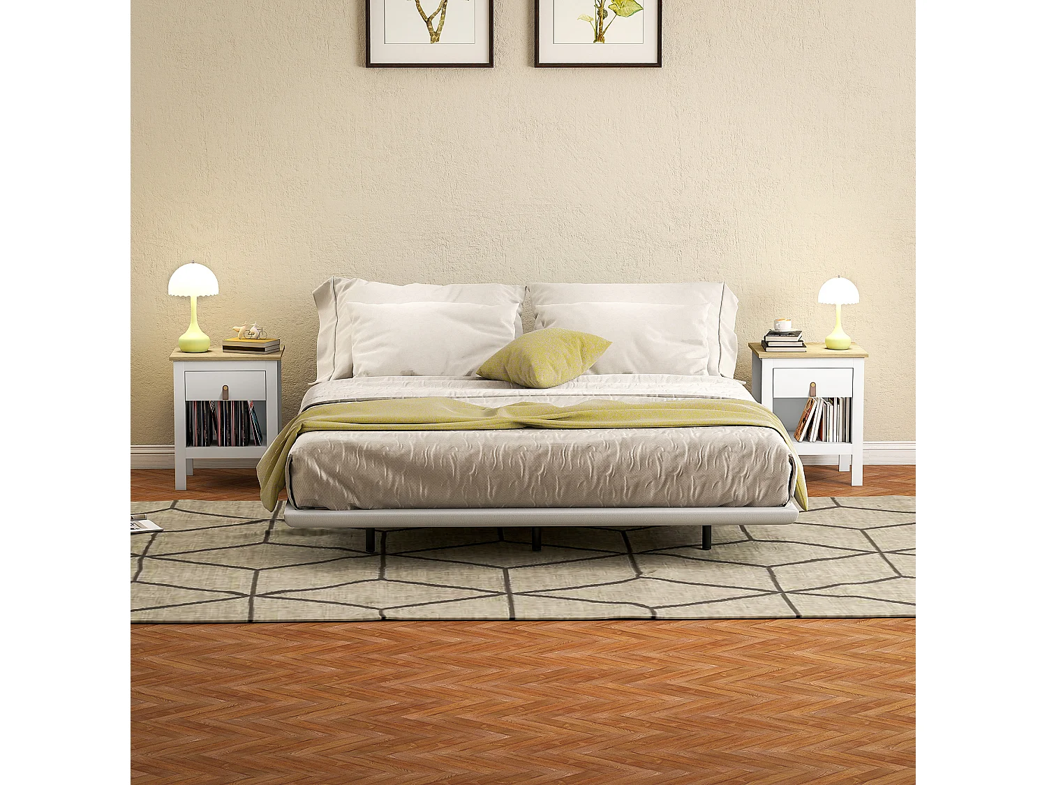 Set 2 comodini con cassetto e ripiano aperto in legno bianco e rovere