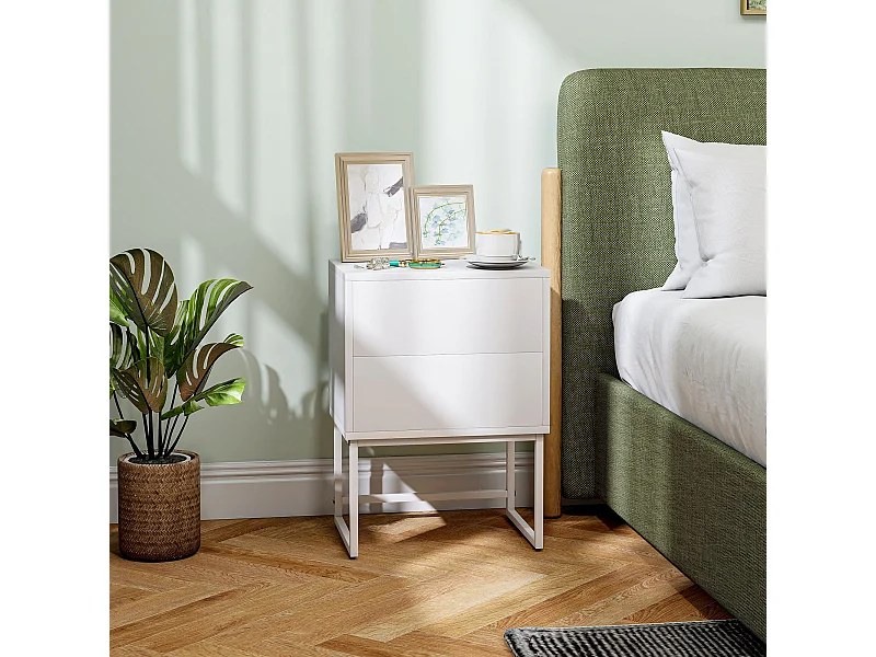 Comodino moderno con 2 cassetti con apertura a pressione bianco